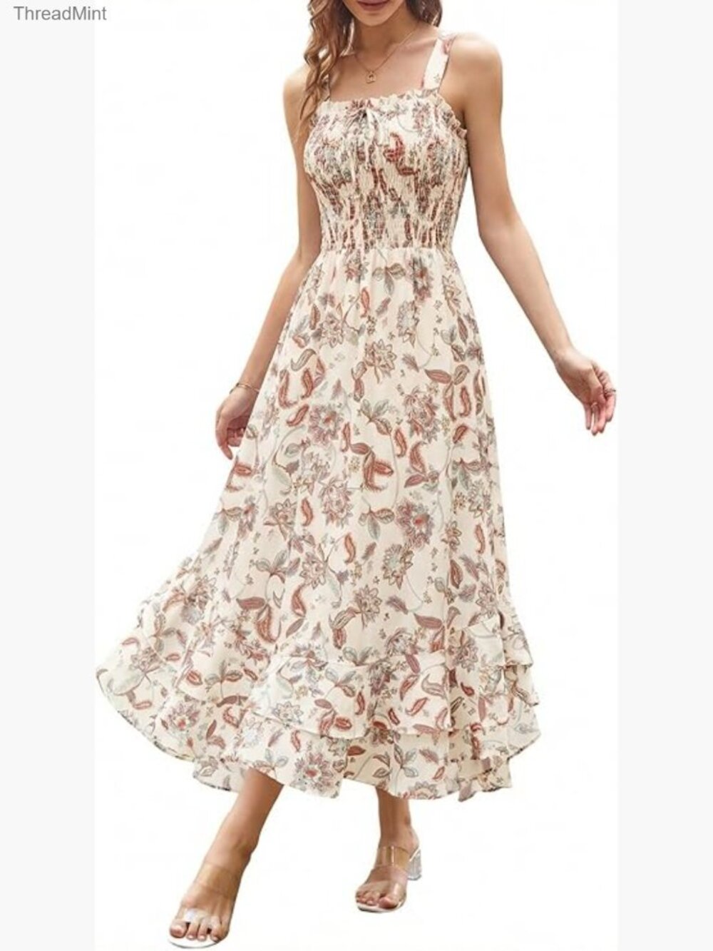 Floral Boho Maxi Dress Square Neck Strapped Swing A-Line Sundress